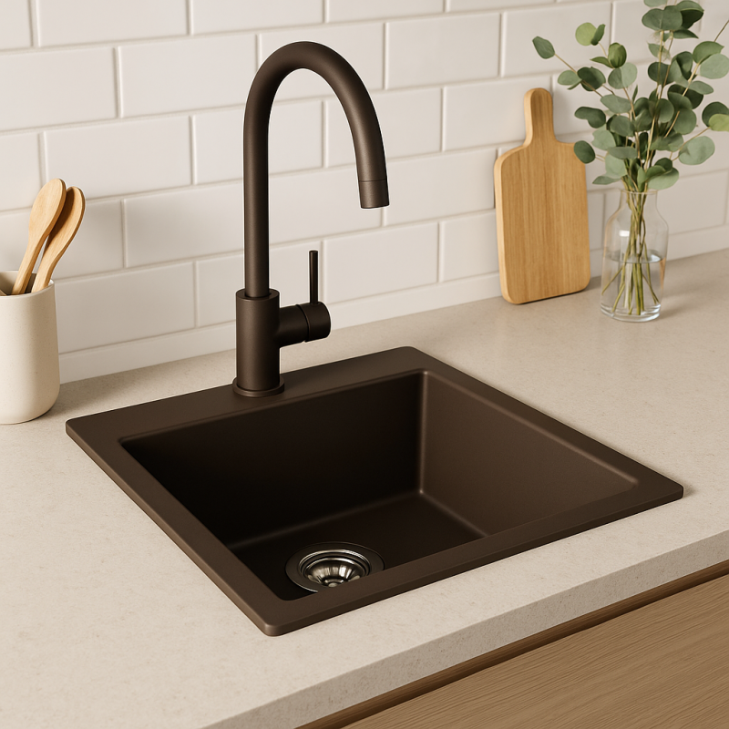 GraniteMy Évier en granit universel 40x40 cm montage en surface, sous-plan et à fleur avec bouchon en inox 1208967212